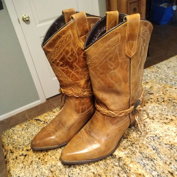 Oak Tree Farms 628 Women's Size 9.5 Brown Leather Cowboy Western Tassel Boots - Picture 3 of 12